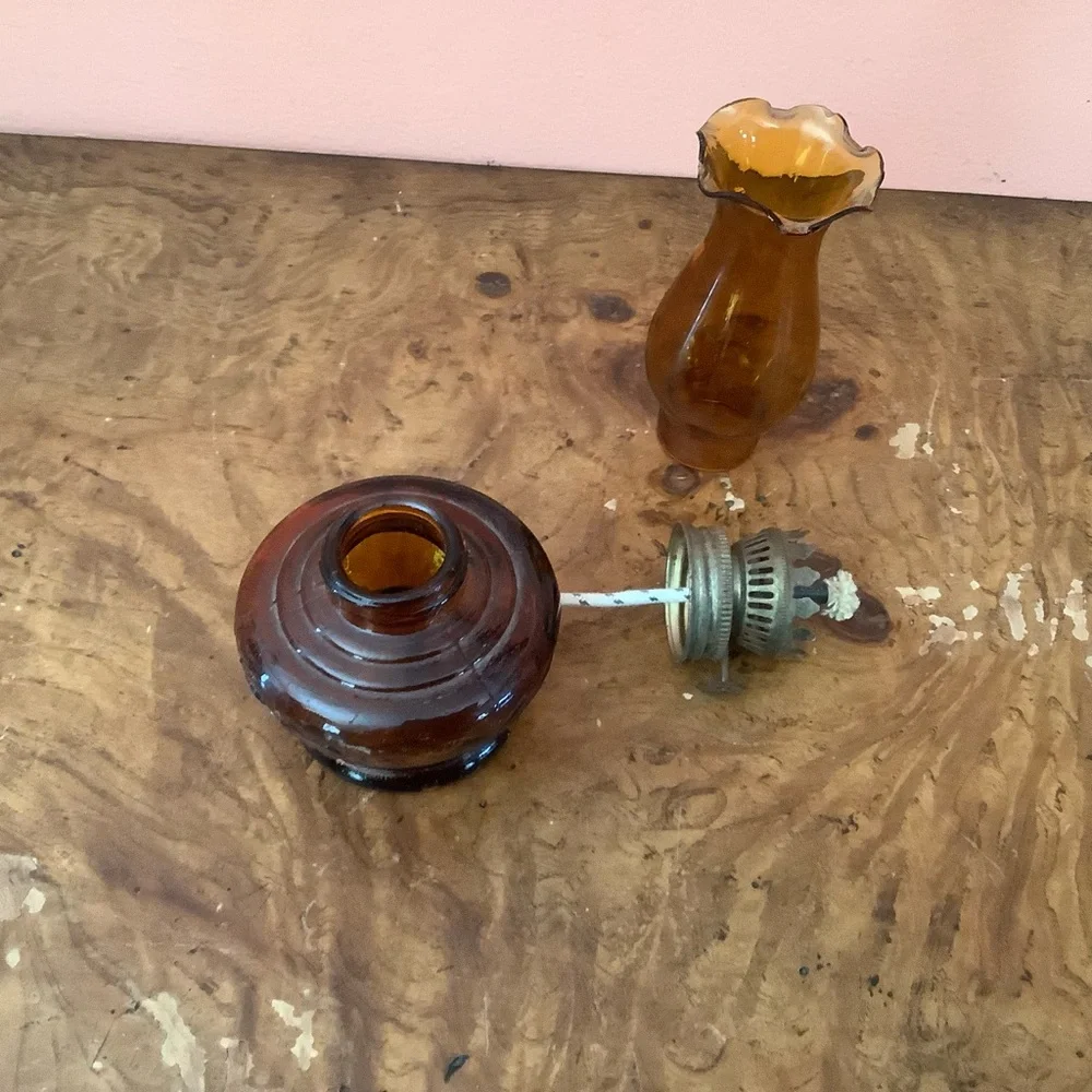 Vintage 7.5 Inch Amber Glass Oil Lamp With Fruit Details Read